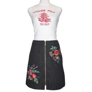 Dark Gray Embroidered Floral Cottagecore Fairy Skirt‎ Front Zip Size 8